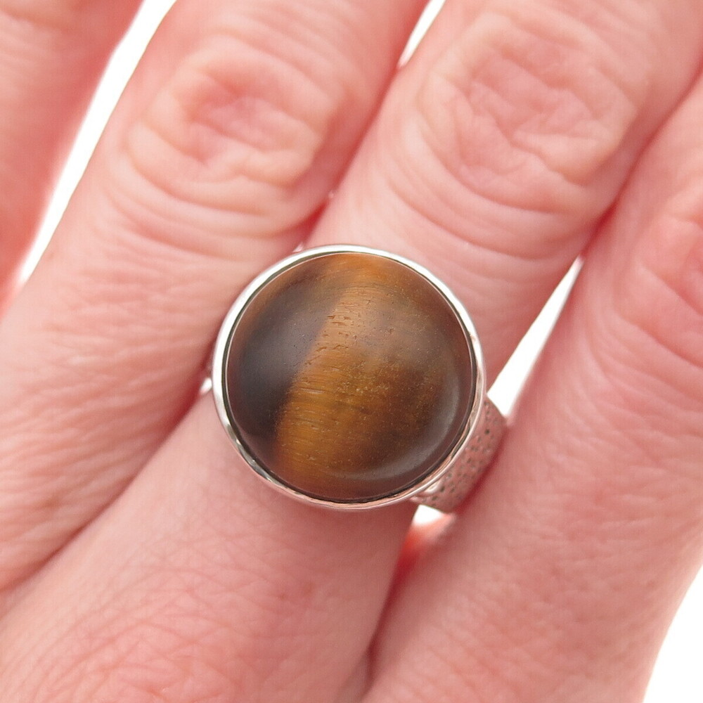 AIL Aluma 925 Sterling Silver Vintage Real Tiger Eye Modernist Ring Size 7